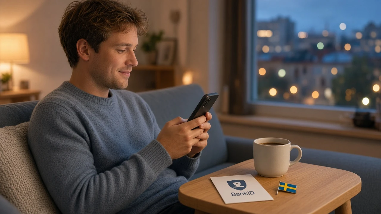 Svensk person med BankID och mobil i mysig lägenhet