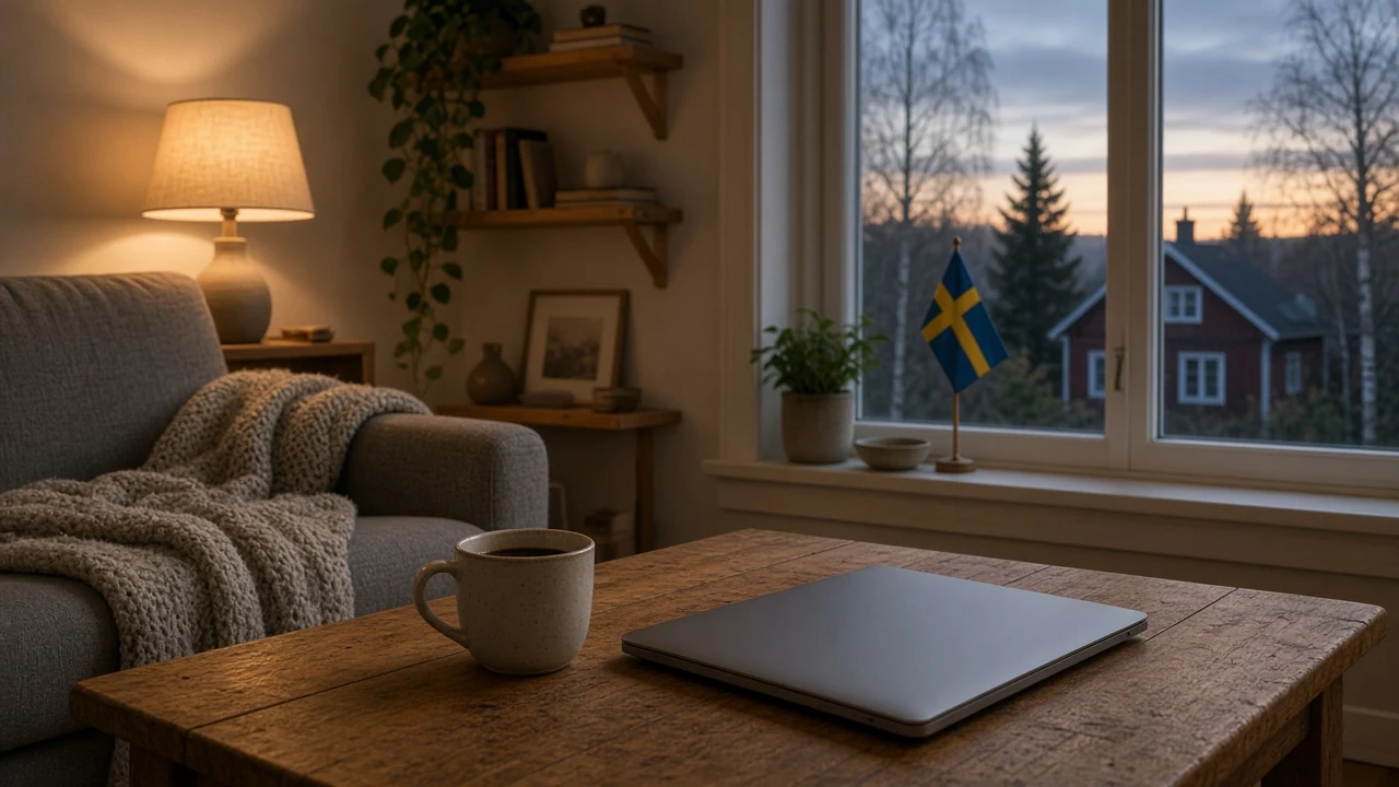 Stämningsfullt svenskt vardagsrum med bärbar dator vid skymning