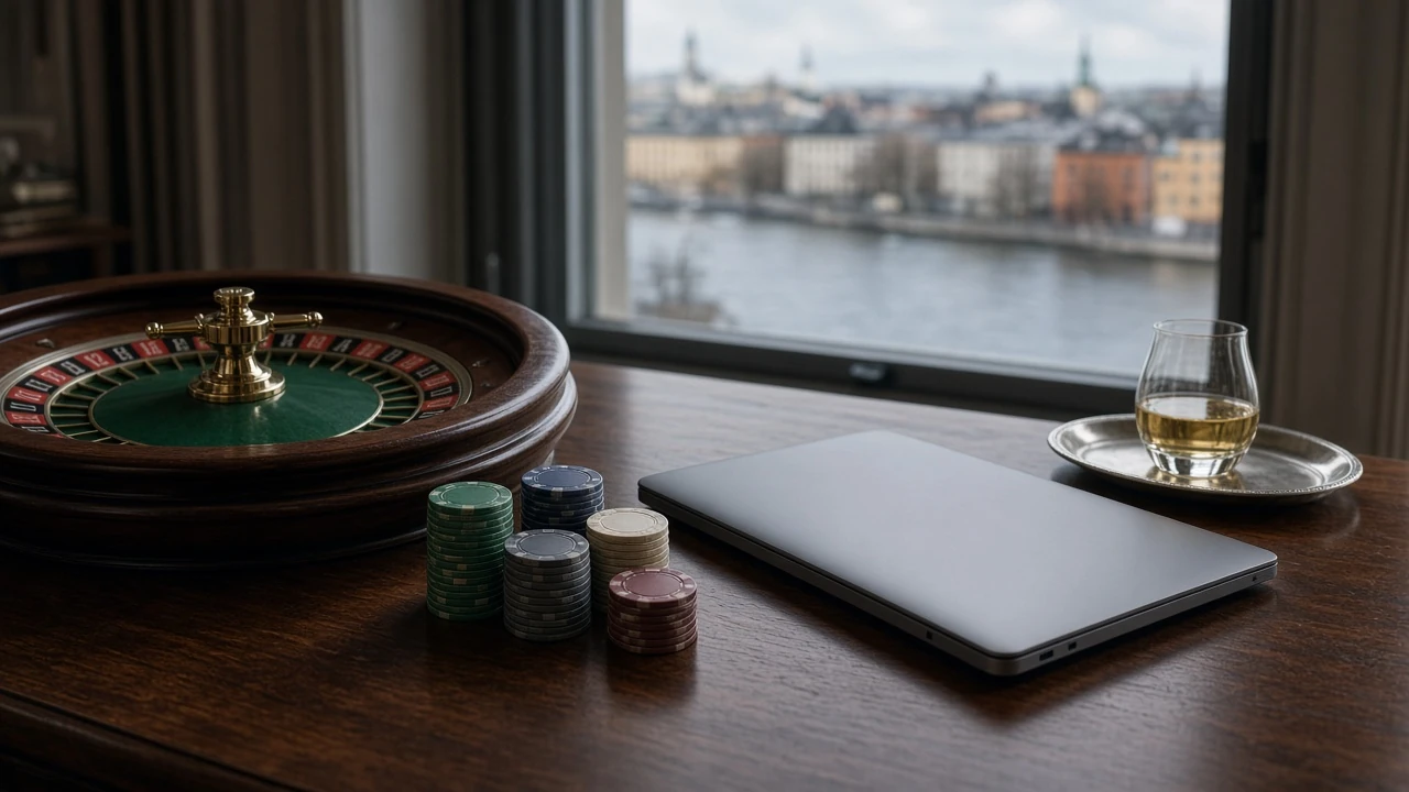 Svenskt onlinecasino med roulette, marker och ett stängt laptopbord vid fönster