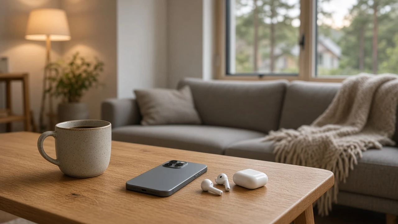 Smartphone på soffbord i modernt svenskt vardagsrum