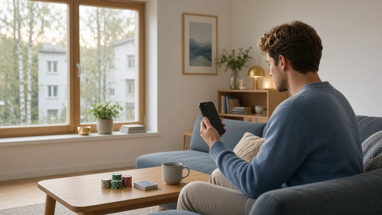 Avslappnad person med smartphone i modernt skandinaviskt vardagsrum med spelmarker och kort på soffbordet