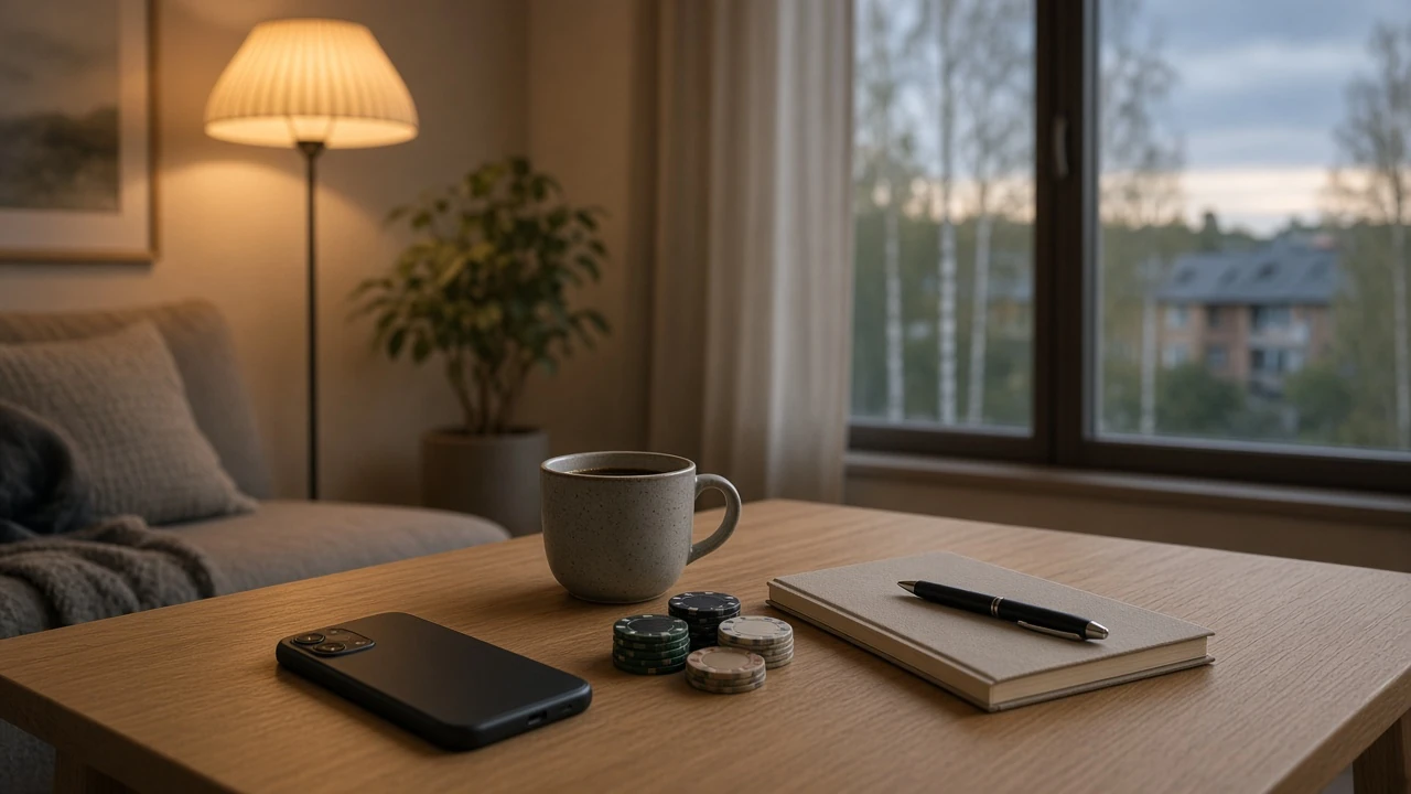 Svensk vardagsrum med smartphone, kaffekopp och spelmarker på soffbordet