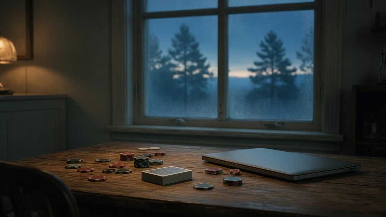 Casinomiljö med marker och kort på bord, stängd laptop, svensk skymning utanför