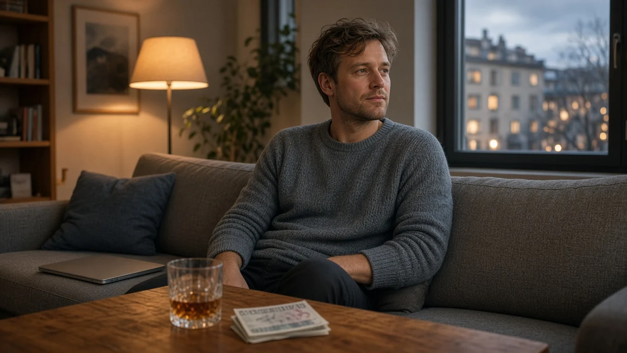 Man i svensk vardagsrum med stängd laptop och sedlighetskryddor